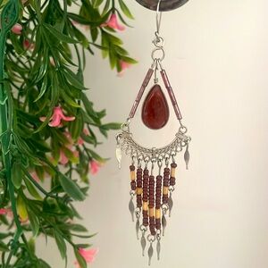 Dangle Earrings - Boho Vintage Silver Tone w/Brown Stone & Beads - 4"